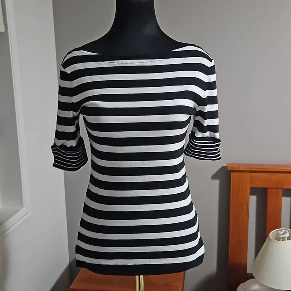 Ralph Lauren Cotton Black & White Stripped Ladies Top Size S. Sleeves ½-Length - Picture 11 of 11